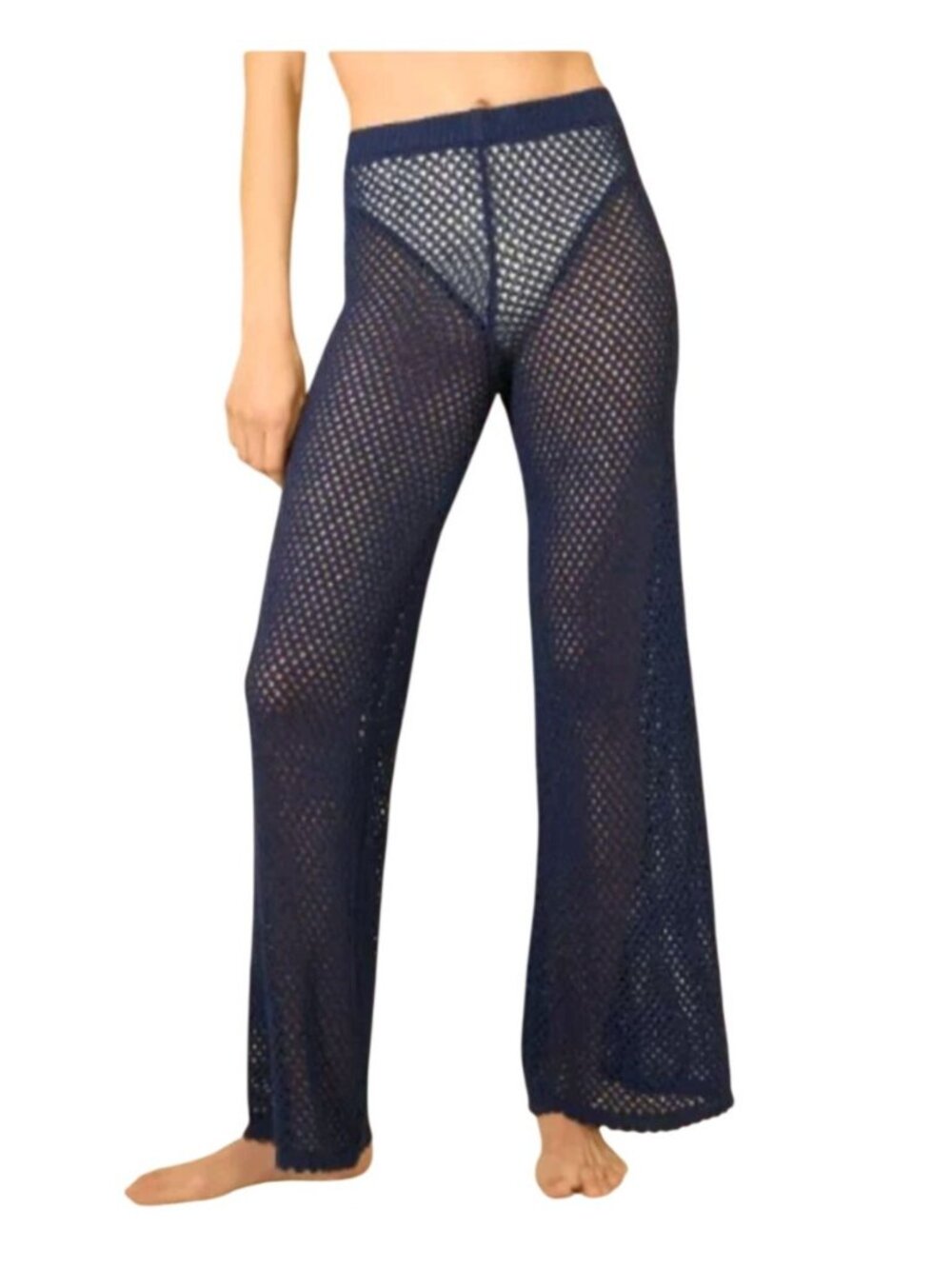 Shade & Shore Navy Blue Crochet Knit Swim Cover-Up Pants XL 16 Scalloped Hem Bea